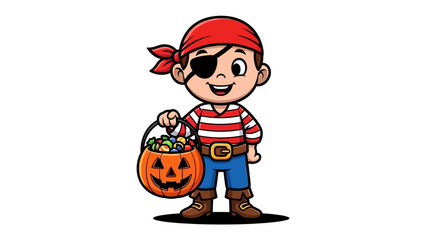Halloween Pirate: A young child, dressed as a whimsical pirate with a mischievous grin, clutches a festive pumpkin bucket overflowing with colorful candies, embodying the spirit of Halloween fun.