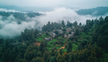 Misty mountain village nestled in terraced fields