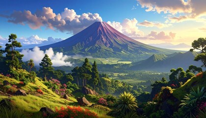 Volcanic mountain at sunrise with cloud-shrouded peak—lush valley, rivers, and red foliage evoke majesty, scale, and tranquil power in minimalist natural grandeur composition.