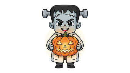 Halloween's Little Monster: A cute, cartoon-like Frankenstein's monster smiles gleefully while holding a carved Halloween pumpkin