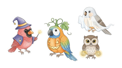 Halloween Birds: A charming watercolor illustration depicts a whimsical ensemble of festive birds, each adorned in delightful Halloween costumes.