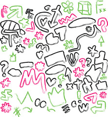 Vibrant hand-drawn doodle collection with arrows hearts stars and abstract shapes on white