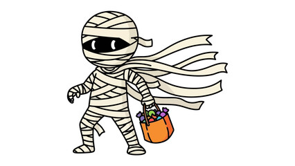 Halloween Mummy with Treat Bag: An illustrated mummy character with a treat bag, embodies the spirit of Halloween, perfect for festive designs and spooky celebrations. 