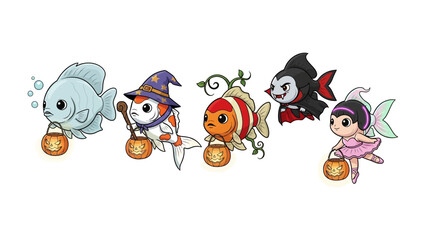 Halloween Fish Festivities: Adorable cartoon fish, each in a unique Halloween costume, gather around a festive, lantern-lit ambiance. Explore the whimsy and imagination in this festive display.