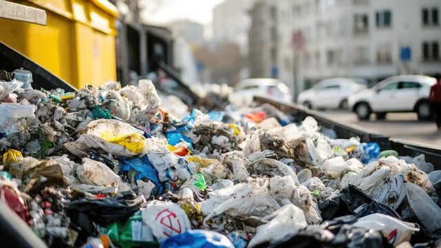 A dumpster overflowing with waste next to a urban structure