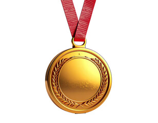 Gleaming gold medal with a red ribbon, isolated against a black background