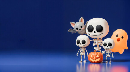 Cute Halloween Characters on Blue Background with Pumpkin