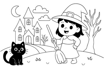 Halloween coloring page featuring a cute little witch with broom, black cat, haunted castle, moon, and spooky tree. Fun cartoon illustration for kids activity or coloring book.