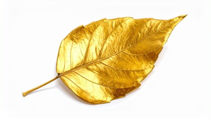 Single gold maple leaf on white background—reflective surface and intricate veins evoke elegance, transformation, and nature’s luxury in minimalist organic-metallic fusion composition.