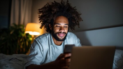 Man using laptop at night.