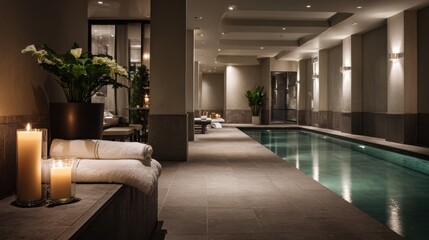 A serene luxury hotel spa with a tranquil indoor pool