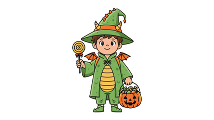 Enchanting Dragon Costume for a Halloween Adventure: A young child, dressed as a friendly dragon, clutches a candy and a jack-o'-lantern treat basket, embodying the spooky spirit of Halloween.