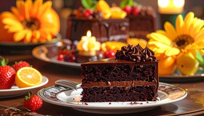 Slice of rich chocolate cake with glossy ganache, mint sprig, raspberry, and cocoa dust—dark plate and soft focus evoke indulgence, elegance, and warmth in minimalist dessert composition.
