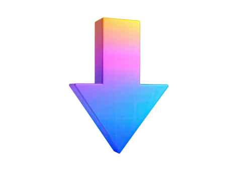 Colorful, 3D arrow pointing downward against a stark black background