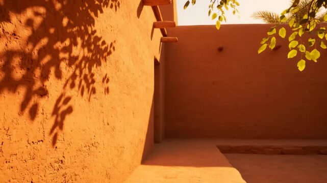 Warm Sunlit Earthen Wall with Intricate Natural Leaf Shadows