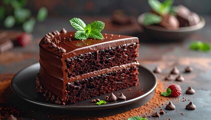 Slice of rich chocolate cake with glossy ganache, mint sprig, raspberry, and cocoa dust—dark plate and soft focus evoke indulgence, elegance, and warmth in minimalist dessert composition.