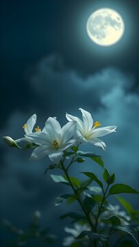 Night-blooming jasmine glowing under moonlight, ethereal mystical flowers with soft misty background
