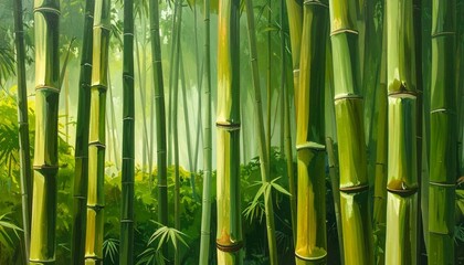 Dense bamboo forest with tall green stalks and soft filtered light—vertical rhythm and misty ambiance evoke peace, resilience, and ecological grace in minimalist natural sanctuary composition.