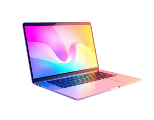 Digitally rendered laptop with vibrant, flowing, multicolored abstract screen
