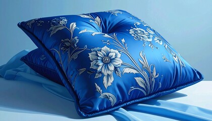 Decorative blue pillows with white floral scrollwork on satin surface—rich texture and symmetrical motifs evoke elegance, heritage, and comfort in minimalist textile ornamentation composition.