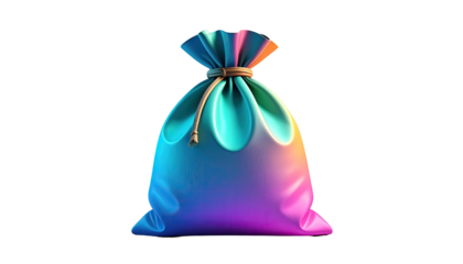 A tied, stylized sack glows with a rainbow of colors, against a black background