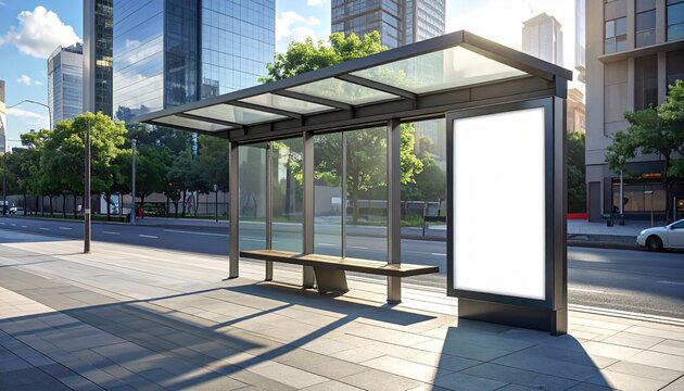 Bus stop shelter with blank billboard on a sunny day in a modern city