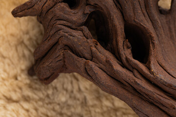 Macro shot of brown natural mangrove driftwood
