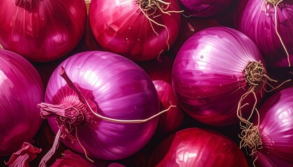Close-up of glossy red onions with visible roots and stems—tight arrangement and rich purplish hues evoke texture, freshness, and organic vibrancy in minimalist produce cluster composition.
