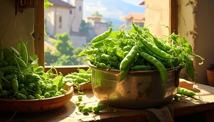 Metal pot of green peas steaming on wooden surface—sunlit scene with scattered pods and warm glow evokes freshness, preparation, and seasonal comfort in minimalist culinary ritual composition.