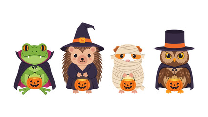 Fototapeta premium Spooky Halloween Animals: A charming array of costumed critters, each holding a pumpkin pail, perfect for spreading a touch of Halloween cheer.