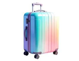 A brightly colored, striped hard-shell suitcase on a black background, ready for travel