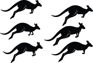 Kangaroo, silhouette, hopping, jumping, motion, animal, wildlife, nature, vector, illustration, posture, tail, legs, shadow, terrain, Australia, movement, dynamic, marsupial, leap