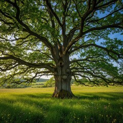 Obraz premium Majestic ancient oak tree stands alone in a vibrant green meadow under a clear blue sky.