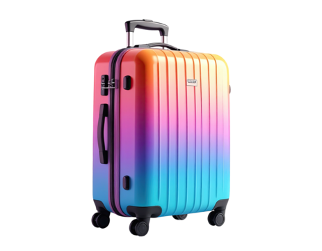 Upright, colorful suitcase with vertical lines, handle, and wheels, isolated
