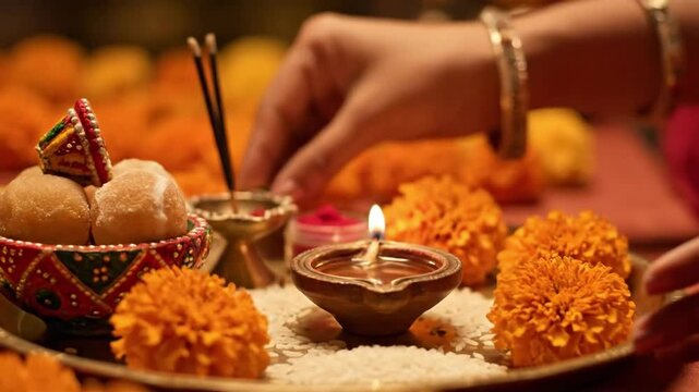 Bhai Dooj Celebration Woman Preparing Traditional Tika Ceremony with Sweets, Flowers, and Diya for Hindu Festival