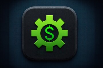 Green gear icon featuring a dollar sign symbolizing innovation and financial growth with a textured dark backdrop highlighting modern economic dynamics and industrial empowerment