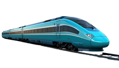Sleek turquoise high-speed train glides along the tracks, isolated on black