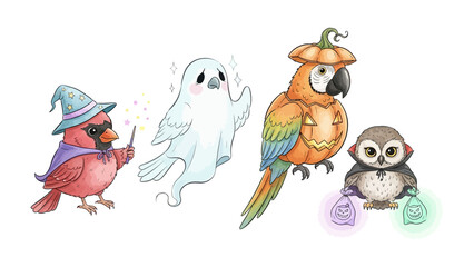 Whimsical Halloween Friends: A gathering of adorable, hand-drawn creatures in festive Halloween costumes. A charming group of friends, featuring a cardinal dressed as a wizard, a friendly ghost.