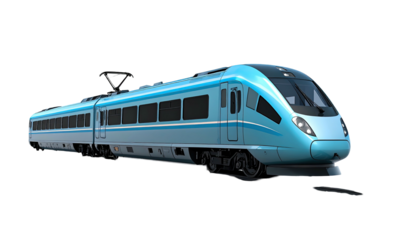 A sleek, blue high-speed passenger train glides on a black background