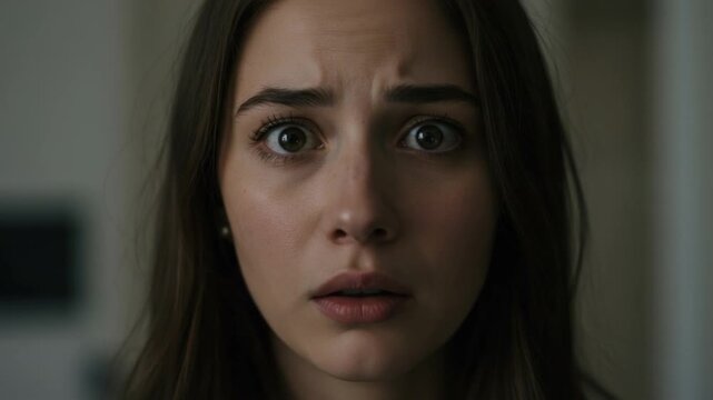 A young woman with wide startled eyes and furrowed brows stares forward