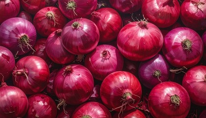 Close-up of glossy red onions with visible roots and stems—tight arrangement and rich purplish hues evoke texture, freshness, and organic vibrancy in minimalist produce cluster composition.