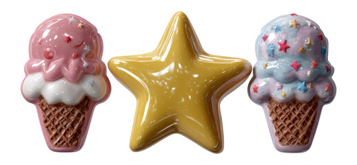 Colorful Ice Cream and Star Shapes with Glossy Finish on Transparent Background