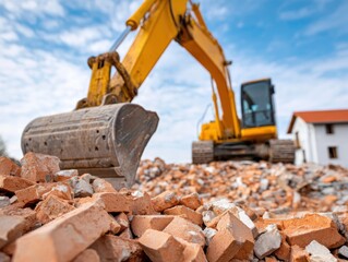 A low-angle view of red brick rubble, with a blurred yellow excavator and house in the background, indicating demolition.