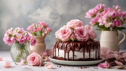 Delicious Chocolate Drip Cake Adorned with Pink Roses and Delicate Flowers.