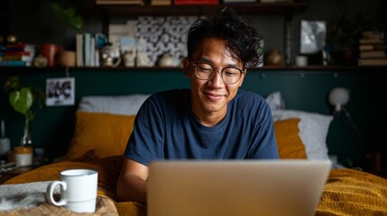 Fototapeta premium Man sitting at desk using laptop