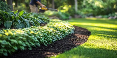 Garden Maintenance Worker Cutting Lawn Edges in Lush Green Space