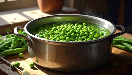 Metal pot of green peas steaming on wooden surface—sunlit scene with scattered pods and warm glow evokes freshness, preparation, and seasonal comfort in minimalist culinary ritual composition.