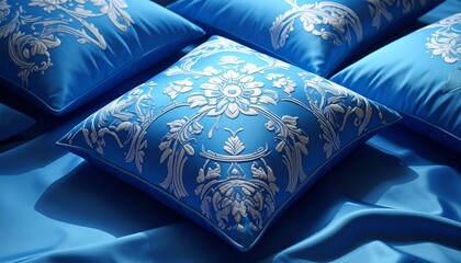 Decorative blue pillows with white floral scrollwork on satin surface—rich texture and symmetrical motifs evoke elegance, heritage, and comfort in minimalist textile ornamentation composition.