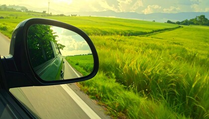 Car side mirror reflecting sunlit forest road—lush greenery, soft light, and motion evoke memory, contrast, and peaceful travel in minimalist scenic reflection composition.