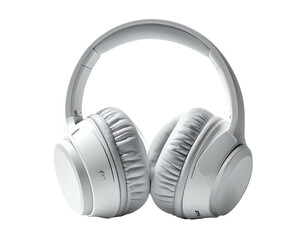 Over-ear, white headphones sit in front of a black backdrop, detailed, focused lighting
